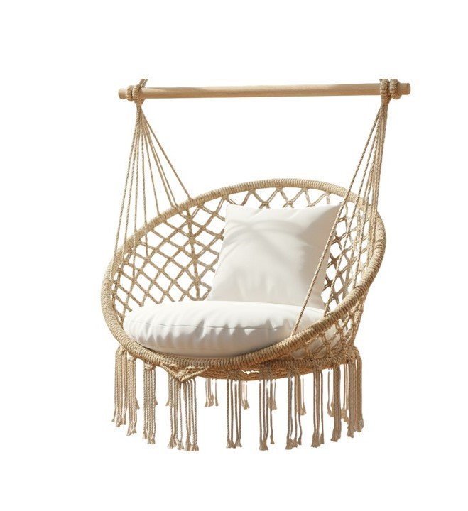 Jute macramé hammock chair with round seat cushion, back pillow, and decorative fringe.