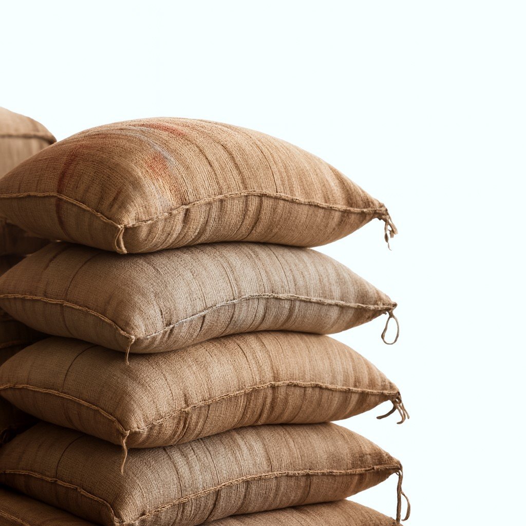 Stacked burlap sacks full of coffee beans or grains, tied tops on a white background.