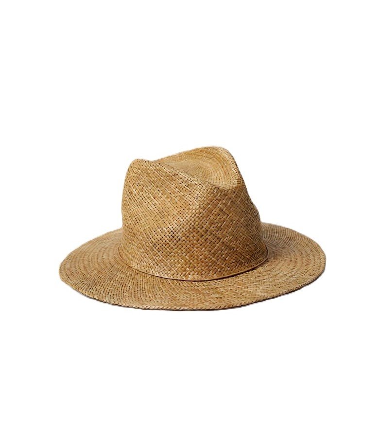 Classic tan woven straw Panama hat with a pinched crown and medium brim for beach or vacation wear.