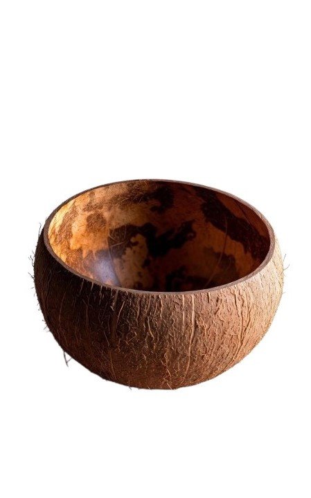 Natural Coconut Bowl for wholesale, handcrafted eco-friendly kitchenware with a polished interior and raw exterior.