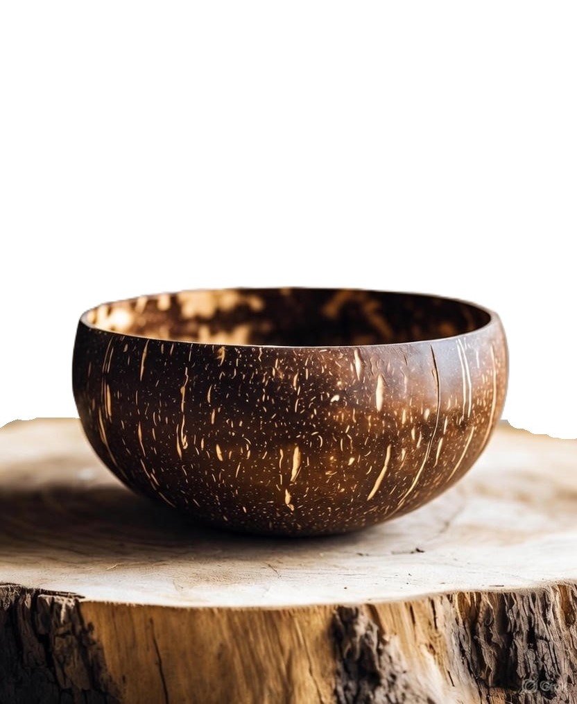 Polished coconut bowl wholesale display on a wood stump, featuring a dark finish with unique natural light speckles.