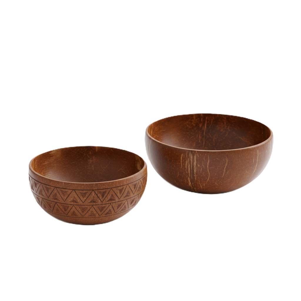Two coconut bowl styles: one smooth and one with hand-carved geometric triangle patterns for a rustic dining set.