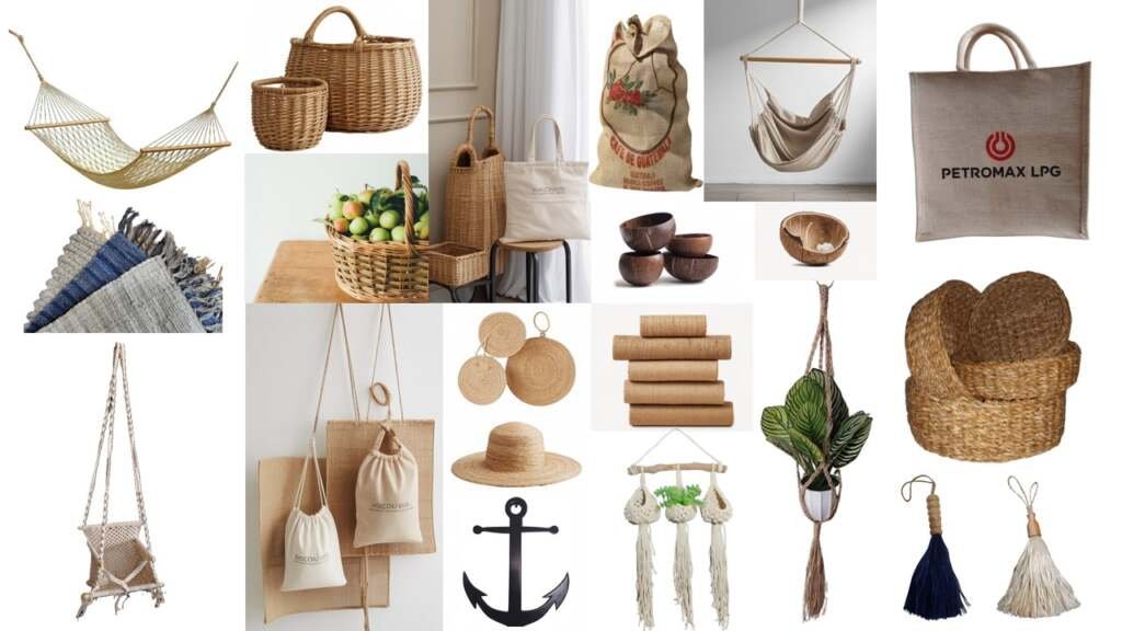 Eco-friendly products wholesale: wicker baskets, burlap bags, coconut bowls, macramé plant hangers, and hammocks