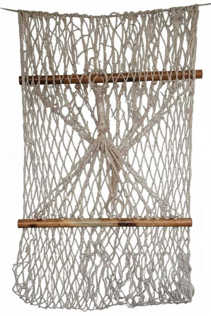 Knotted rope hammock top view with wooden spreader bars and strong diamond weave pattern.