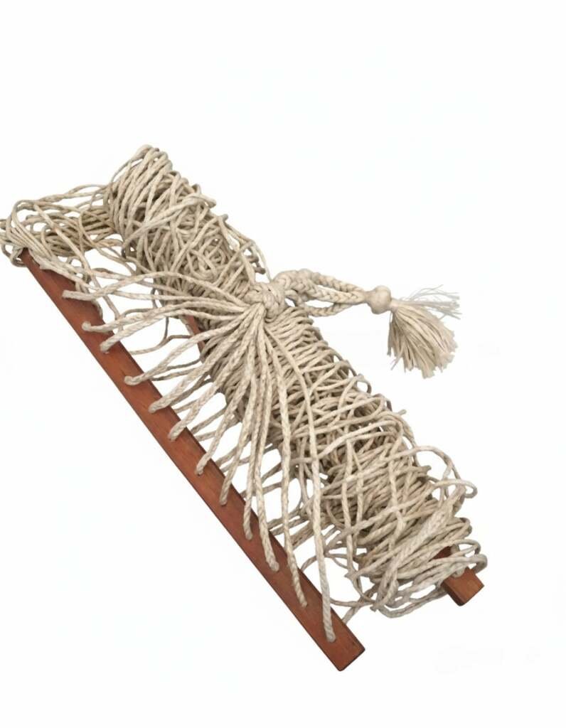 Folded rope hammock with wooden bar, portable design for easy storage and travel use