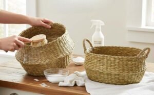 Brushing a seagrass basket with a scrub brush and cleaning solution. Two woven baskets on a table.