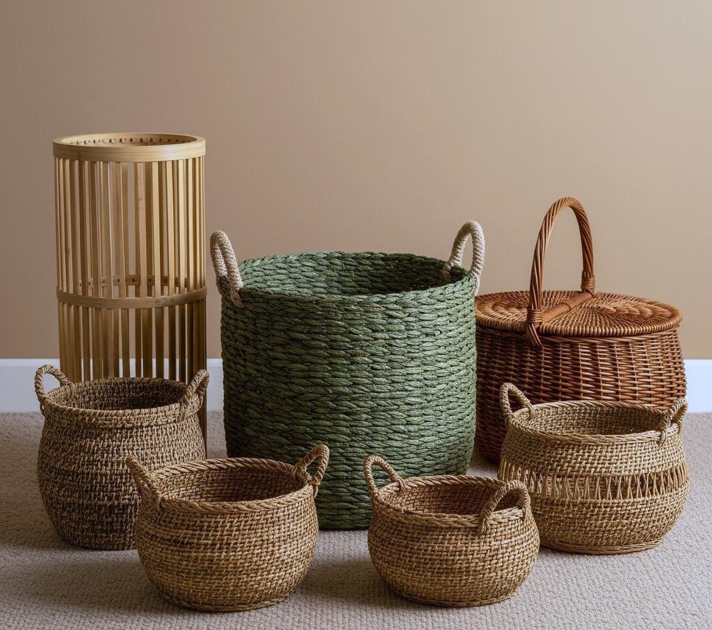A collection of six eco-friendly woven baskets of various sizes and materials, including green, brown, and light bamboo.