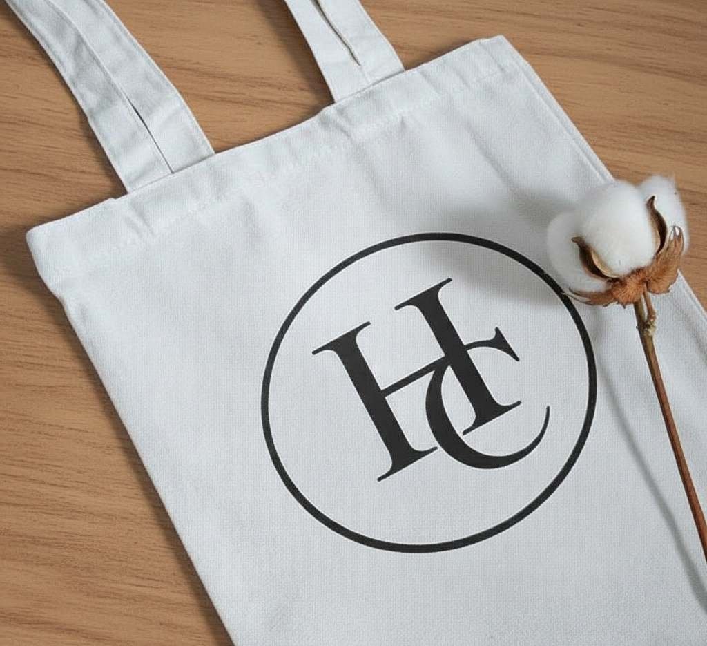 White cotton tote bag with a black 'Habitat Cultures' logo and a cotton flower on a wood table.