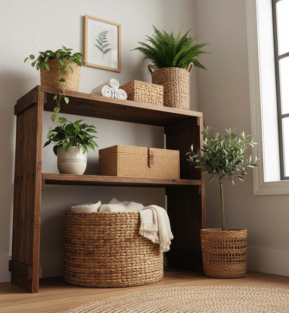 Wooden shelf with various seagrass baskets and pots holding plants. Home décor and natural storage ideas.
