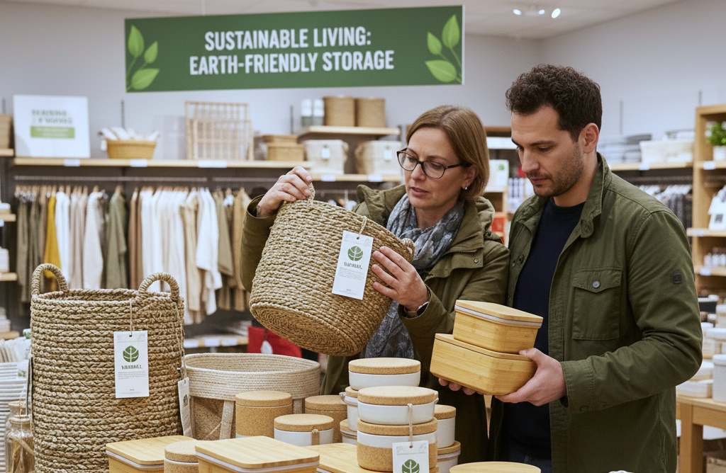 Couple shopping for sustainable storage: a woman holds a woven basket and a man holds bamboo boxes.