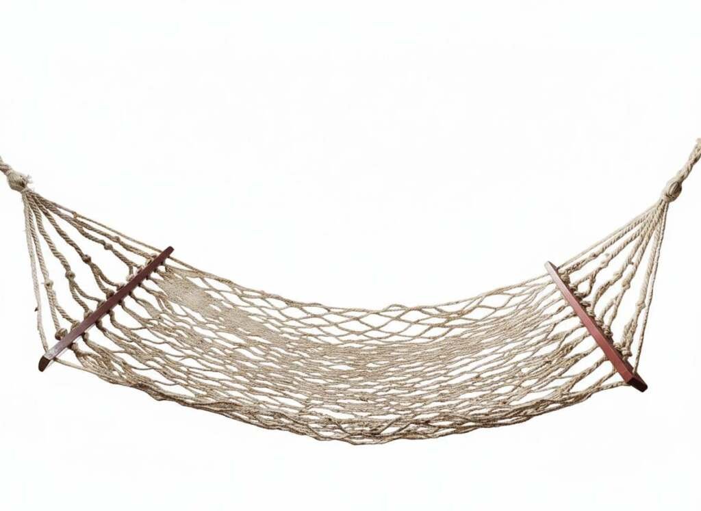Natural jute rope net hammock with wooden bars, ideal for garden or patio lounging