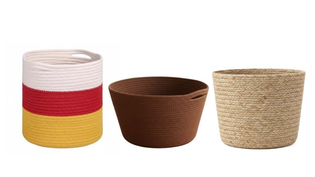 Three jute storage baskets: one striped cotton, one brown cotton, and one round braided natural jute.