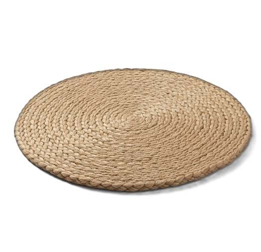 A round, braided jute rug featuring a tight spiral pattern in natural tan fiber.