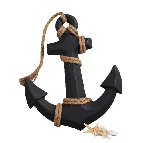 Matte black wood anchor wrapped in rope with small starfish and shells at the base.