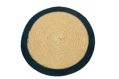 Natural beige circular jute placemat with a dark navy/black woven border.