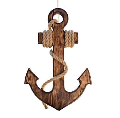 Light wood anchor with burnt edges and thick rope coils, hanging by a thin string.