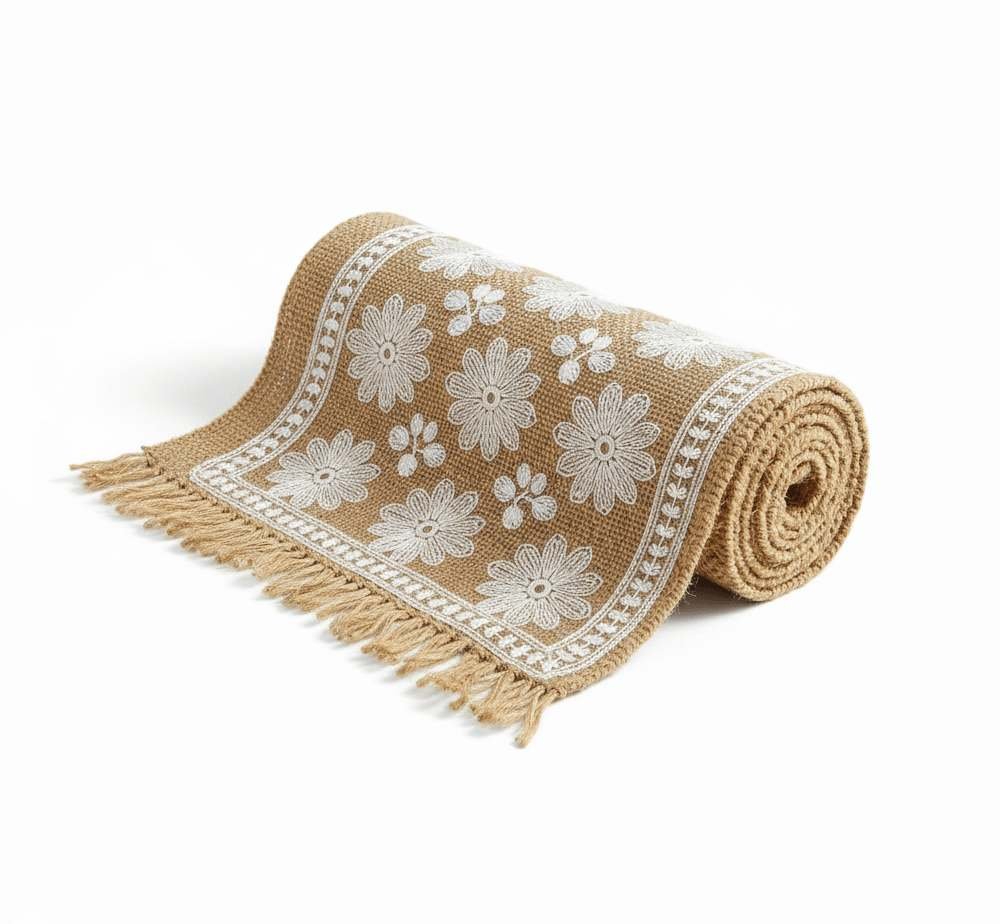 Printed jute table runner with floral design for bulk supply to home décor and gifting stores