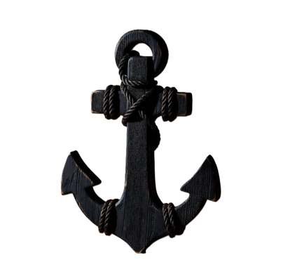 Vertical black wood anchors with rope wrapped symmetrically around the crossbar.