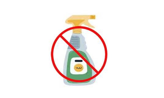 Red circle with a slash over a spray bottle. Warning: Do not use chemical cleaners on seagrass.