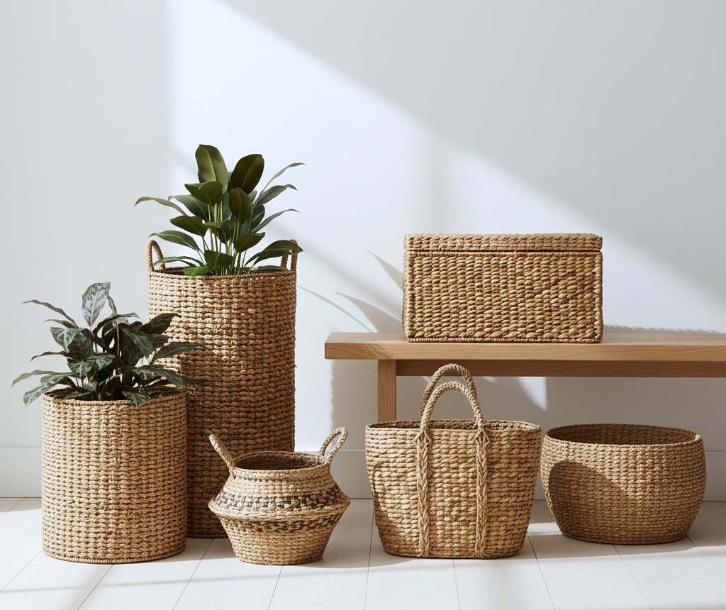 Group of varied woven seagrass baskets and planters displayed against a white wall. Natural home décor & storage solution.