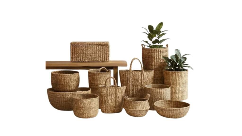 A collection of various sized woven seagrass baskets, including round bins, planters, and a lidded rectangular box.