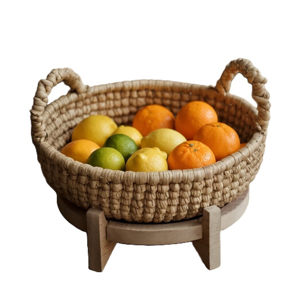 Woven seagrass basket on a stand filled with oranges, lemons, and limes. Natural kitchen fruit storage.