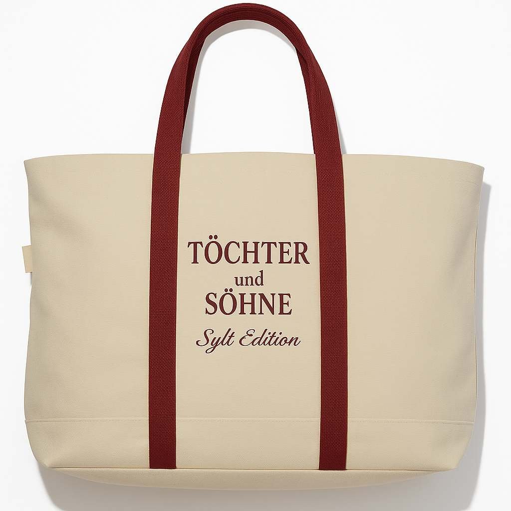 Cream cotton tote bag with maroon straps and "Töchter und Söhne Sylt Edition" text.