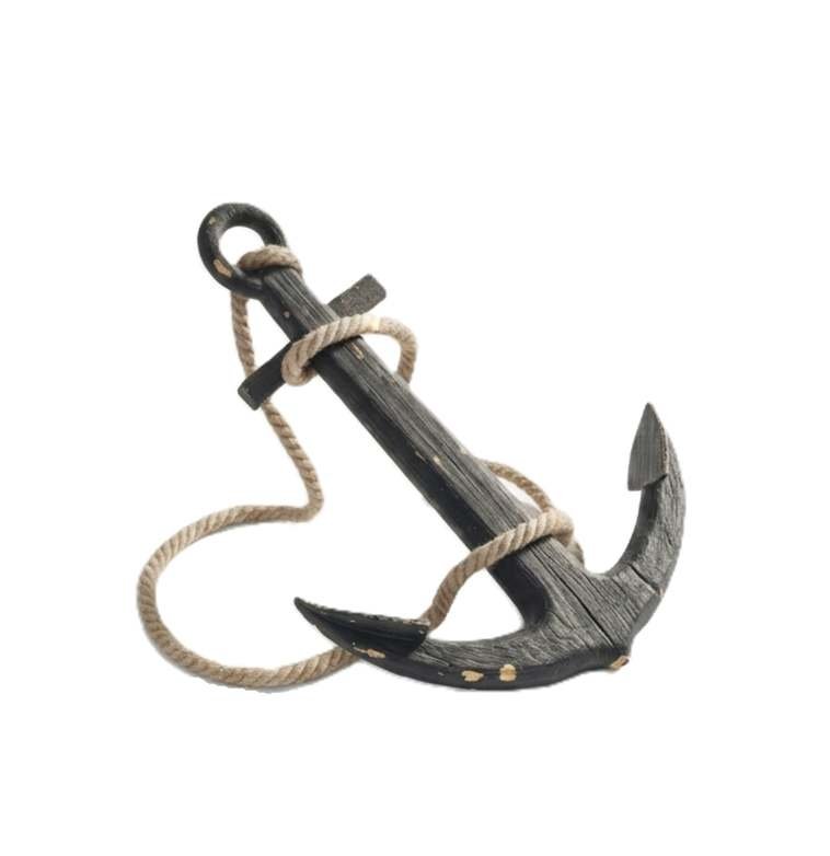 Weathered dark wood anchor with a beige rope loop on a white background.