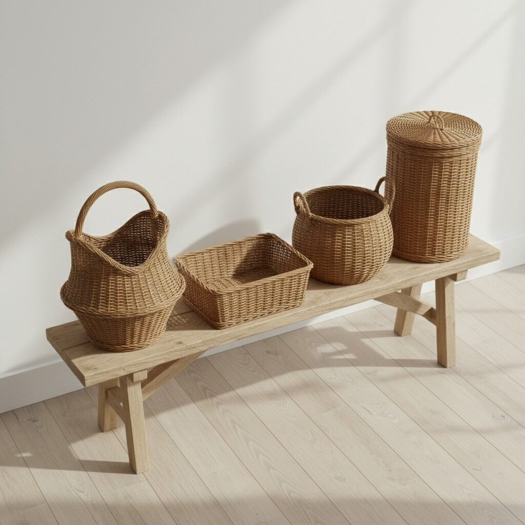 Four wicker baskets (various shapes) on a wooden bench. Includes a lidded hamper and storage trays.
