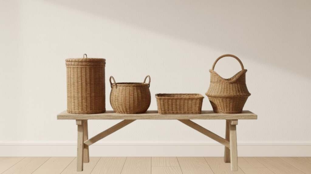 Four brown wicker baskets—a tall cylinder, a round tub, a rectangle, and a handled tote—on a wood bench.