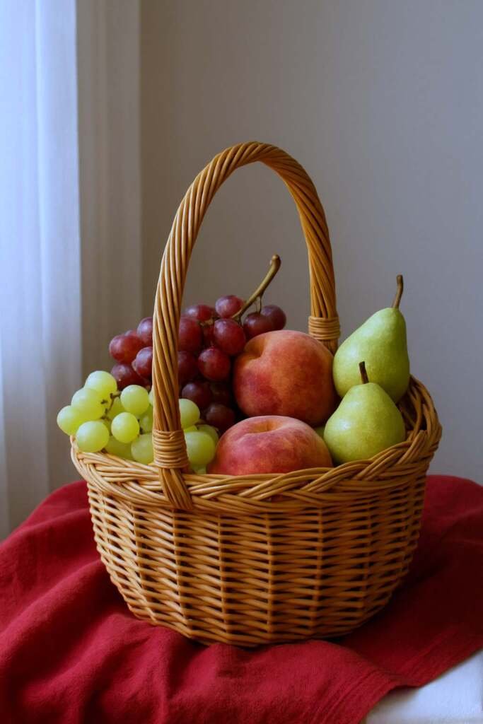 Wicker basket with handle filled with grapes, peaches, and pears on a red cloth. Natural fruit display.