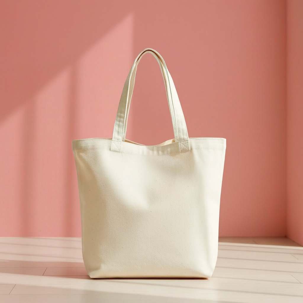 Unbleached natural cotton structured tote bag with handles, suitable for customization, product photo on pink background.