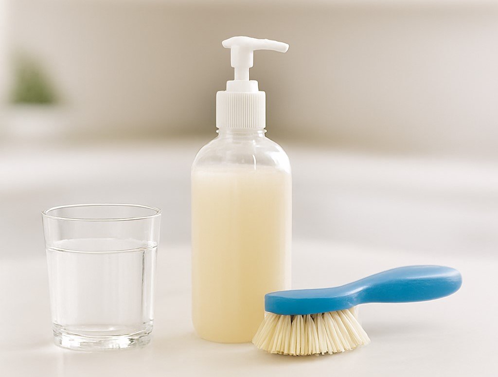 Simple cleaning tools: a glass of water, mild soap bottle, and a small blue scrub brush. Gentle cleaning.