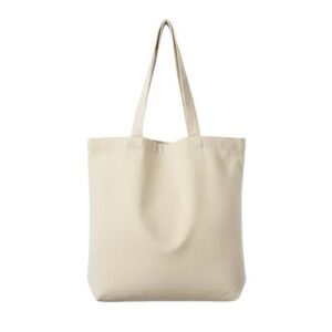 Simple cream-colored cotton canvas tote bag with long shoulder straps on a white background.