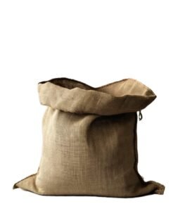 Empty open-top rustic burlap sack made of coarse brown jute fabric, studio shot.