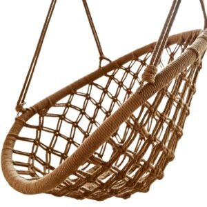 Close-up of a hanging macramé hammock chair made of thick brown jute rope mesh and a sturdy rim.