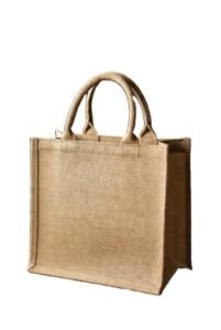 Square jute burlap tote bag with sturdy reinforced handles for sustainable shopping.