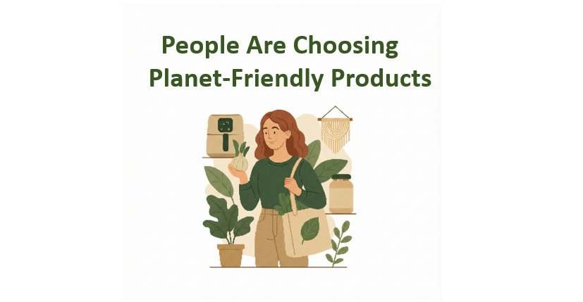 A woman holding a reusable tote bag and organic produce with the headline People Are Choosing Planet-Friendly Products.