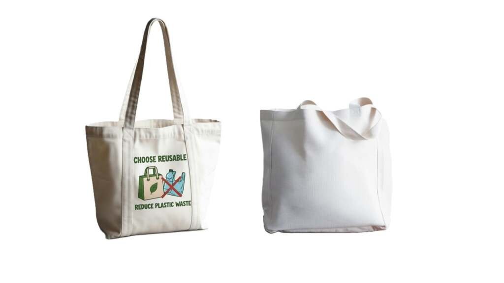 Two white cotton tote bags, one featuring a "Choose Reusable" graphic to reduce plastic waste.
