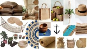 habitat cultures' eco-friendly products: baskets, burlap cushions, hammock, straw hat, and woven eco-friendly items.