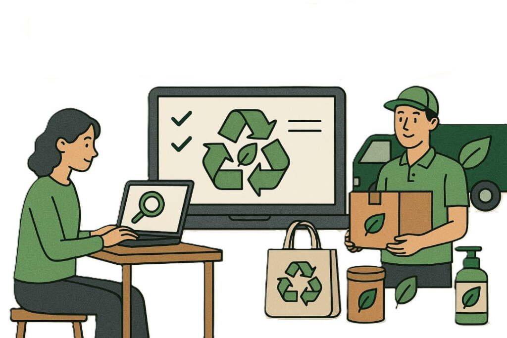 eco-friendly product sourcing process with recycling symbols and sustainable packaging