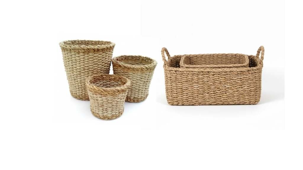 Set of woven seagrass storage baskets in various sizes for home organization and décor.