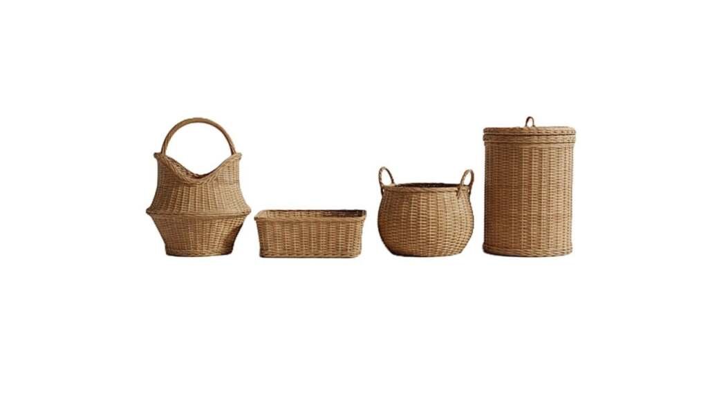 Assorted collection of woven wicker storage baskets including a laundry hamper and tote.