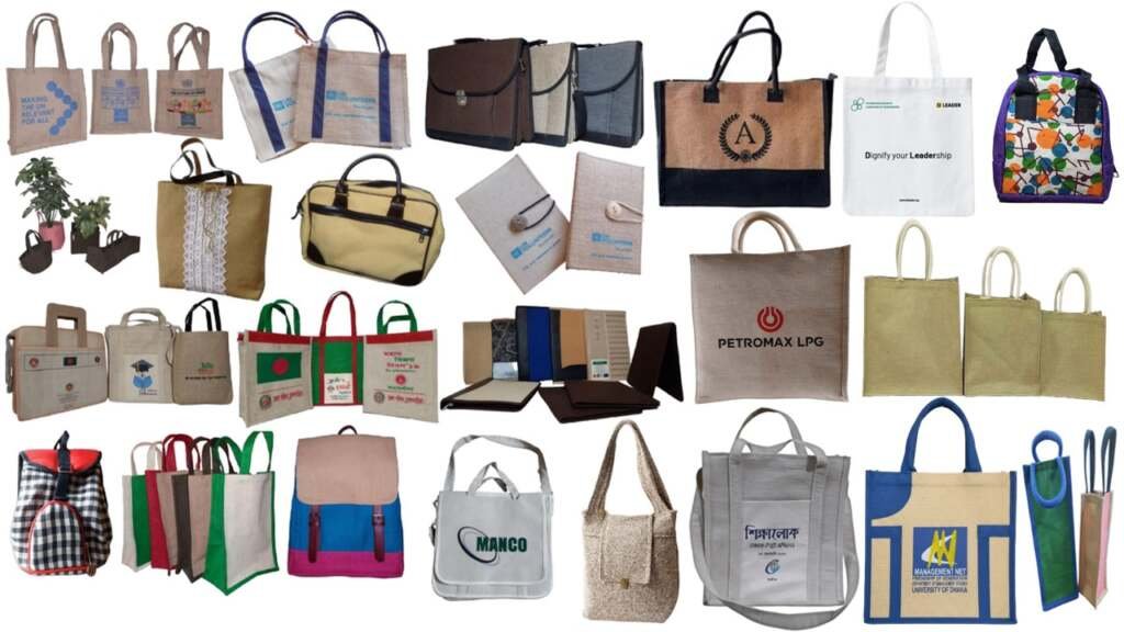 assorted eco-friendly jute bags, including tote bags, backpacks, and laptop sleeves for corporate branding.
