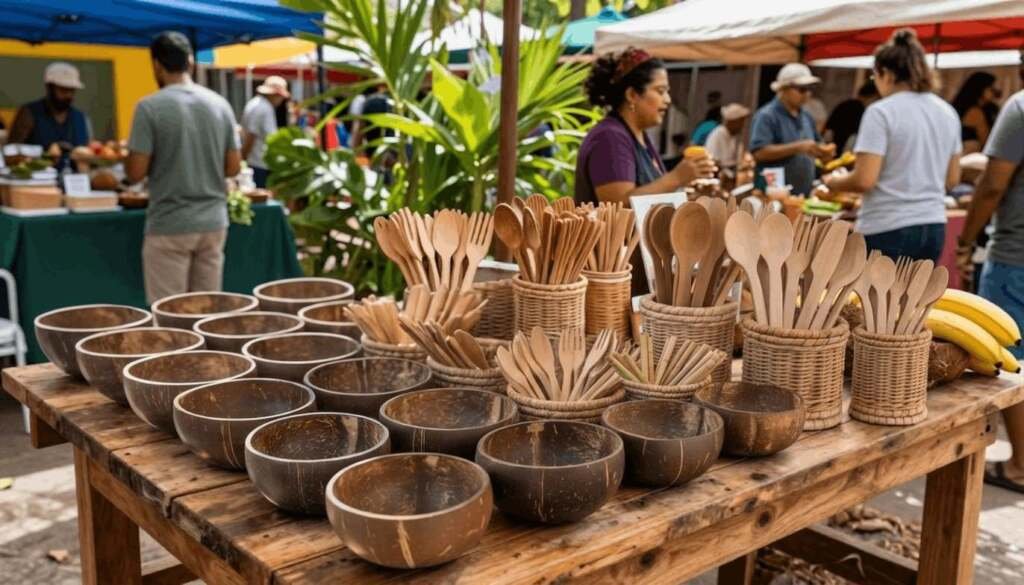 farmers market stall featuring rows of coconut bowls and bundles of wooden bamboo spoons, forks, and reusable straws