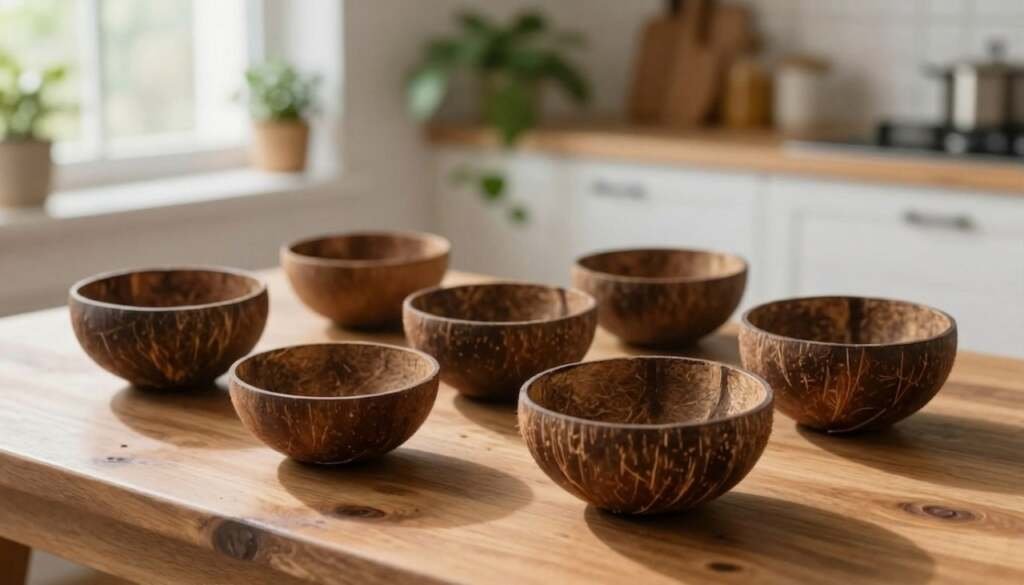 Set of seven handcrafted coconut shell bowls arranged on a rustic wooden table in a bright, modern kitchen.