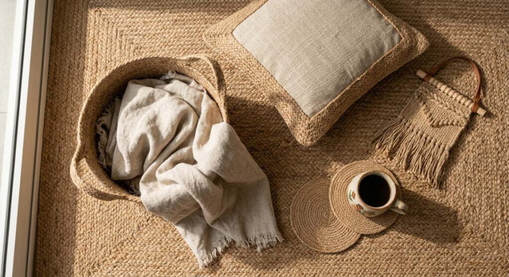 Flat lay of premium jute décor items including a hand-woven rug, storage basket, wall hanging, and coasters.