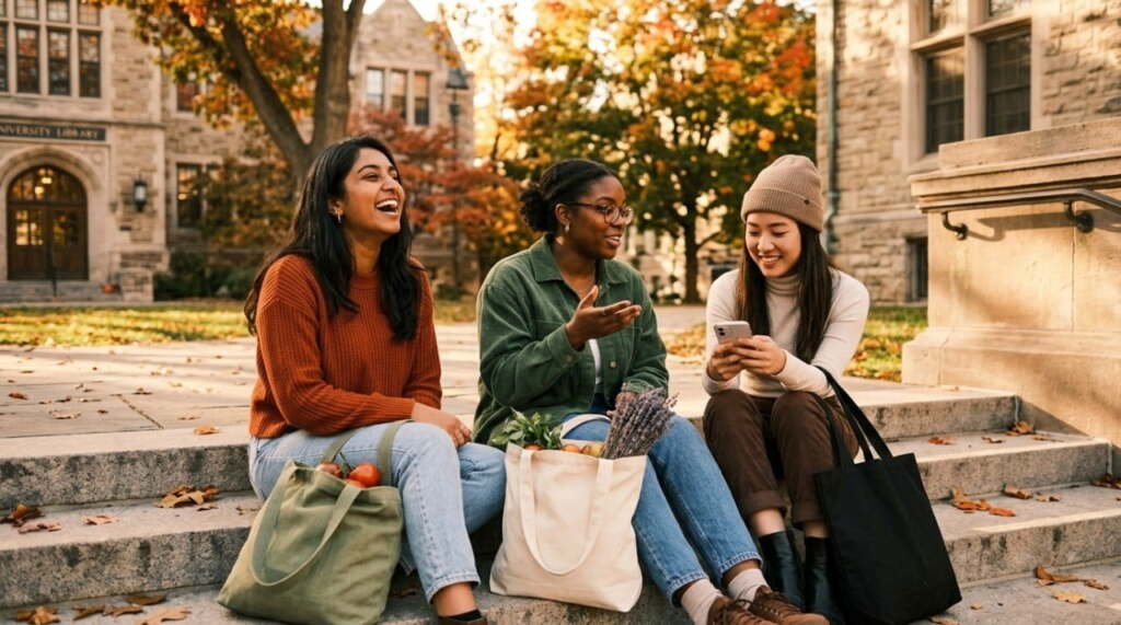 Three diverse women laughing on campus steps with canvas tote bags in autumn — tote bag trends USA