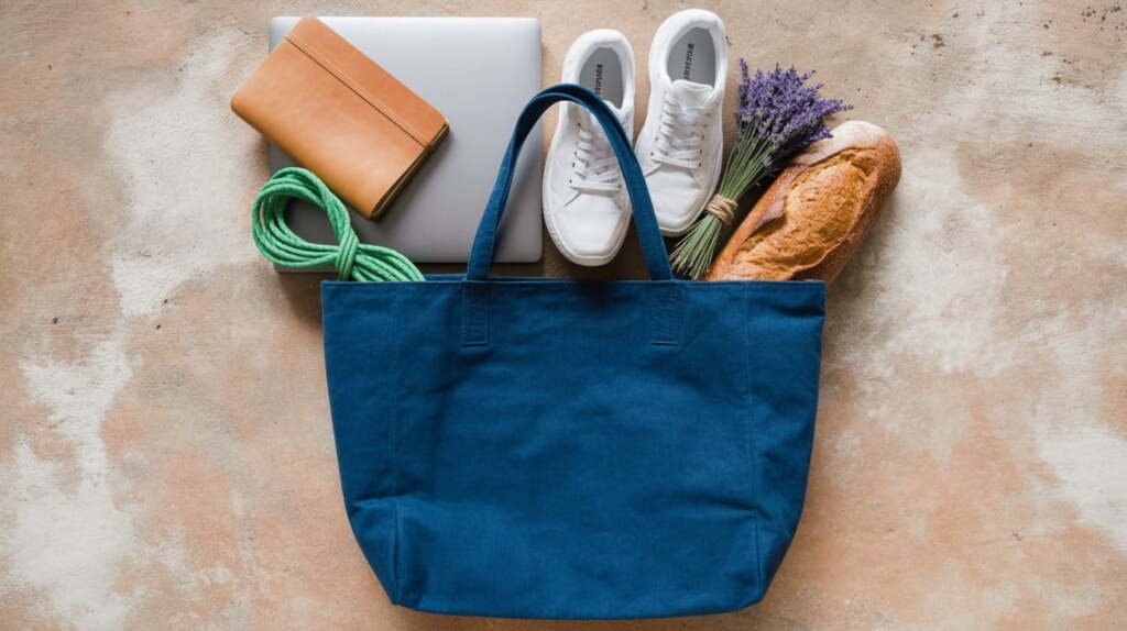 An organized flat lay on concrete showing a dark navy blue canvas tote bag with a leather notebook, white sneakers, a laptop, and a rustic loaf of sourdough bread with lavender.
