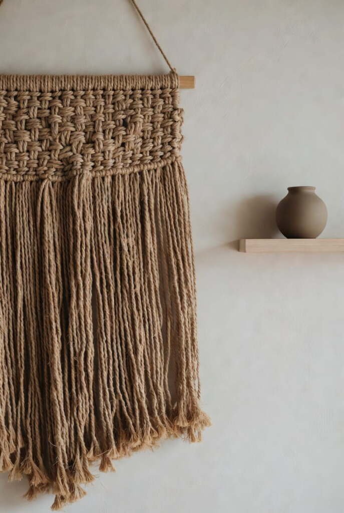 Intricate 3D woven jute wall hanging mounted on a minimalist cream wall next to a small wooden floating shelf.